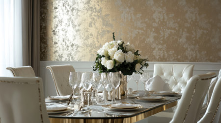 Elegant wallpaper with a subtle metallic sheen, adding a touch of luxury to a sophisticated dining room.の素材