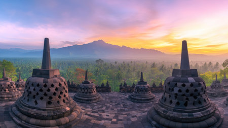 Historic ruins of Borobudur temple in Central Java, Indonesia, at sunrise. No people, copy space.の素材