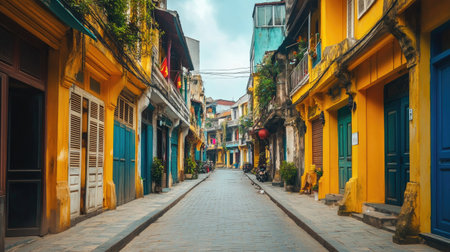 Quiet street in the old quarter of Hanoi, Vietnam, with colorful houses. No people, copy space.の素材