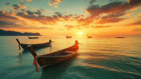 Picturesque sunset over the Andaman Sea with traditional Thai boats. No people, copy space.の素材