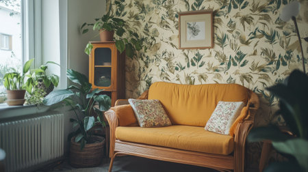 Vintage-style wallpaper with intricate botanical patterns, adding a timeless, classic touch to a cozy living room.の素材