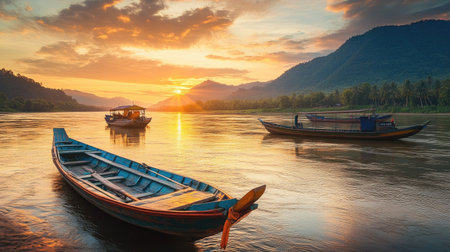 Serene view of the Mekong River at sunset with fishing boats in Laos. No people, copy space.の素材
