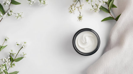 Top view of an open jar of luxurious face cream on a white surface, surrounded by minimalistic decor. Copy space on the side.の素材