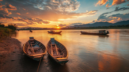Serene view of the Mekong River at sunset with fishing boats in Laos. No people, copy space.の素材
