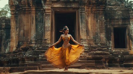 Traditional Cambodian apsara dancer in front of an ancient temple. No people, copy space.の素材