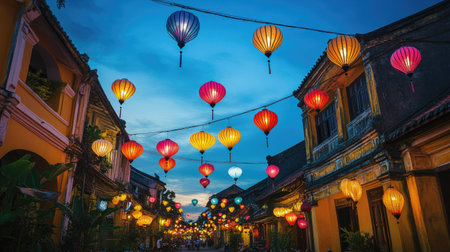 Vibrant lanterns hanging in Hoi An ancient town, Vietnam, at dusk. No people, copy space.の素材
