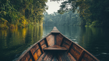 Traditional wooden boat cruising through the lush greenery of Kerala, India. No people, copy space.の素材