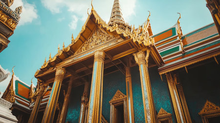 The Grand Palace in Bangkok, Thailand, with its intricate golden architecture. No people, copy space.の素材
