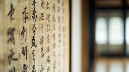 A close-up of a Chinese calligraphy scroll hanging on a wall. No people, copy space.の素材