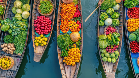 Vibrant floating market in Thailand with colorful boats filled with fresh produce. No people, copy space.の素材