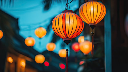 Vibrant lanterns hanging in Hoi An ancient town, Vietnam, at dusk. No people, copy space.の素材