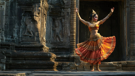 Traditional Cambodian apsara dancer in front of an ancient temple. No people, copy space.の素材