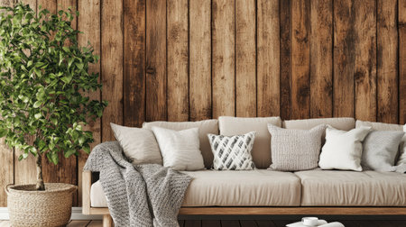 Wallpaper with a rustic wood panel design, creating a warm, cozy atmosphere in a living room setting.の素材