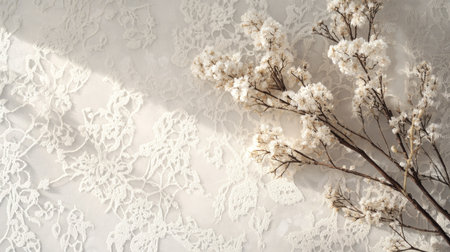 Wallpaper featuring a delicate lace pattern in soft, neutral tones, creating a romantic, feminine ambiance.の素材