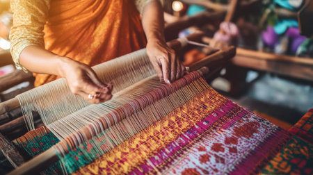 Traditional weaving of silk by artisans in Laos. No people, copy space.の素材