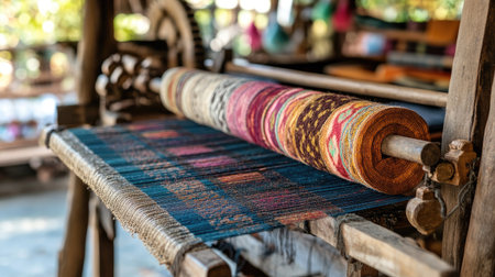 Traditional weaving of silk by artisans in Laos. No people, copy space.の素材