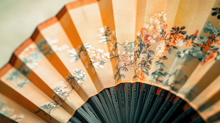 A close-up of a Chinese fan with delicate hand-painted designs. No people, copy space.の素材