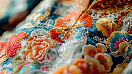 A close-up of a Chinese silk robe with elaborate embroidery. No people, copy space.の素材