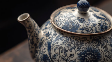 A close-up of a Chinese porcelain teapot with intricate designs. No people, copy space.の素材