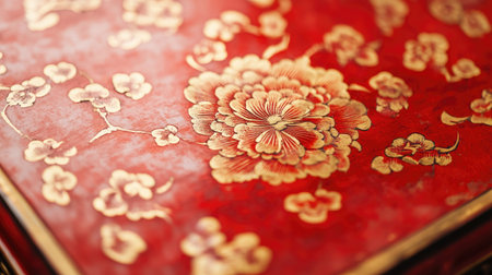 A close-up of Chinese red lacquerware with gold detailing. No people, copy space.の素材