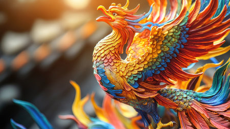 A close-up of a Chinese phoenix sculpture with vibrant colors. No people, copy space.の素材