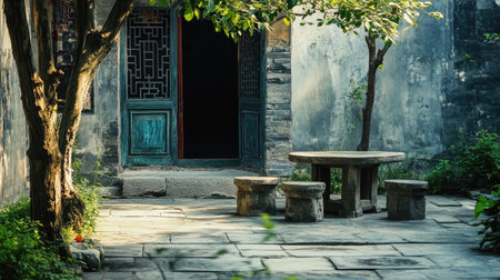 A quiet Chinese courtyard with a stone table and stools. No people, copy space.の素材