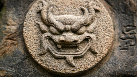 A close-up of a Chinese zodiac sign carved in stone. No people, copy space.の素材