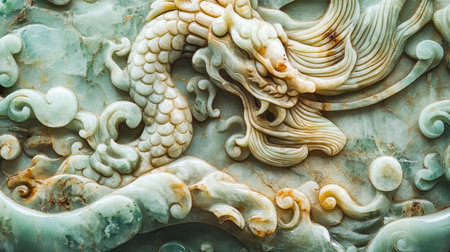 A close-up of a Chinese jade carving with intricate details. No people, copy space.の素材