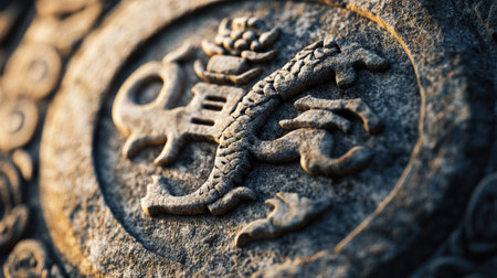 A close-up of a Chinese zodiac sign carved in stone. No people, copy space.の素材