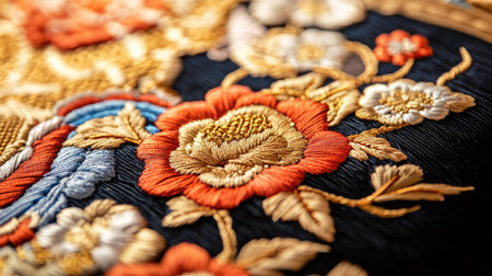 A close-up of traditional Chinese embroidery with gold thread. No people, copy space.の素材
