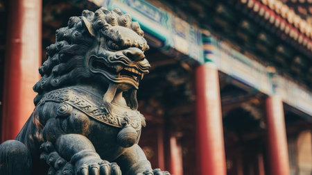 A close-up of a Chinese lion statue guarding a temple entrance. No people, copy space.の素材