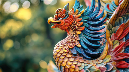 A close-up of a Chinese phoenix sculpture with vibrant colors. No people, copy space.の素材