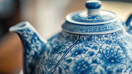 A close-up of a Chinese porcelain teapot with intricate designs. No people, copy space.の素材