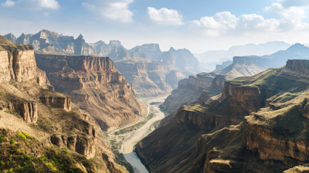 A panoramic view of a Chinese canyon with steep cliffs and a winding river. No people, copy space.の素材
