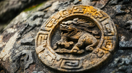 A close-up of a Chinese zodiac sign carved in stone. No people, copy space.の素材