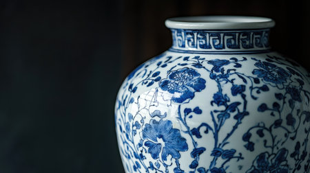 A close-up of a Chinese porcelain vase with blue and white patterns. No people, copy space.の素材