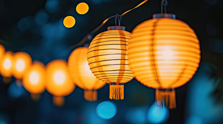 A close-up of Chinese paper lanterns hanging in a row at night. No people, copy space.の素材