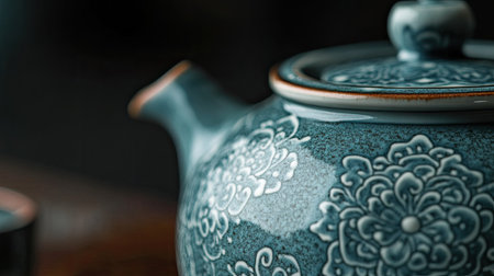 A close-up of a Chinese porcelain teapot with intricate designs. No people, copy space.の素材