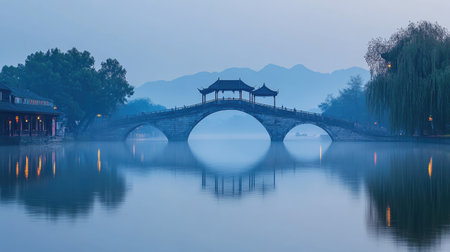 A serene view of a Chinese bridge arching over a calm river at dusk. No people, copy space.の素材