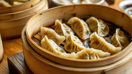 A close-up of Chinese dumplings arranged on a bamboo steamer. No people, copy space.の素材