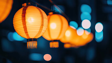 A close-up of Chinese paper lanterns hanging in a row at night. No people, copy space.の素材