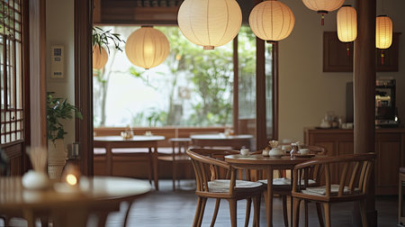 A quiet Chinese tea house with wooden furniture and paper lanterns. No people, copy space.の素材