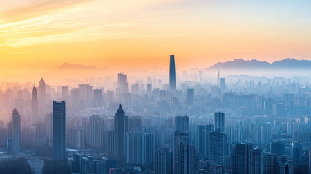 A panoramic view of the Chinese skyline at sunrise with mountains in the distance. No people, copy space.の素材