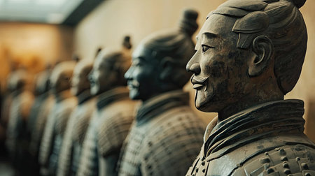 A row of terracotta warriors standing in formation, a historic treasure. No people, copy space.の素材