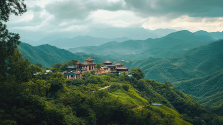 A quiet Chinese monastery nestled among lush green hills. No people, copy space.の素材