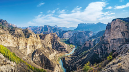 A panoramic view of a Chinese canyon with steep cliffs and a winding river. No people, copy space.の素材