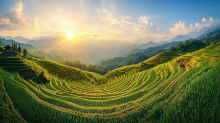 A panoramic view of rice terraces in China during sunrise. No people, copy space.の素材