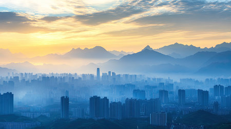 A panoramic view of the Chinese skyline at sunrise with mountains in the distance. No people, copy space.の素材