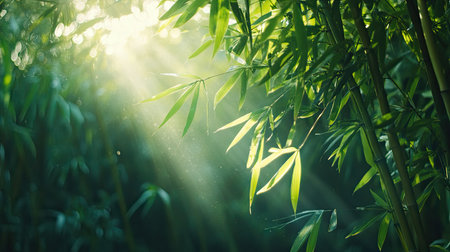 A peaceful bamboo forest with sunlight filtering through the leaves. No people, copy space.の素材