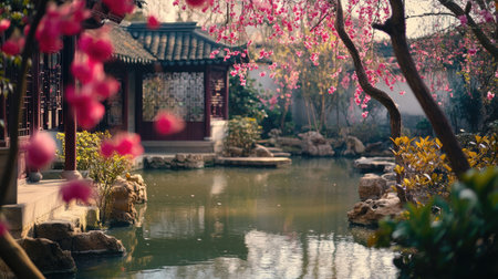 A quiet Chinese garden with blooming plum blossoms in early spring. No people, copy space.の素材